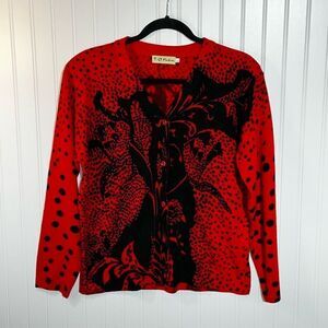 T.C. Fashion Cardigan Sweater Women Large Red/Black Floral Button Front Polkadot
